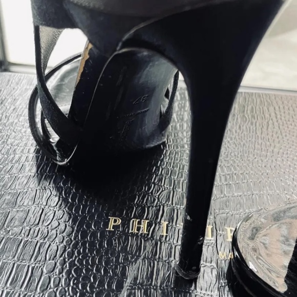🔥 Philipp  Plein High Heel Sandals Black Multi Straps and logo crystal - Picture 3 of 5